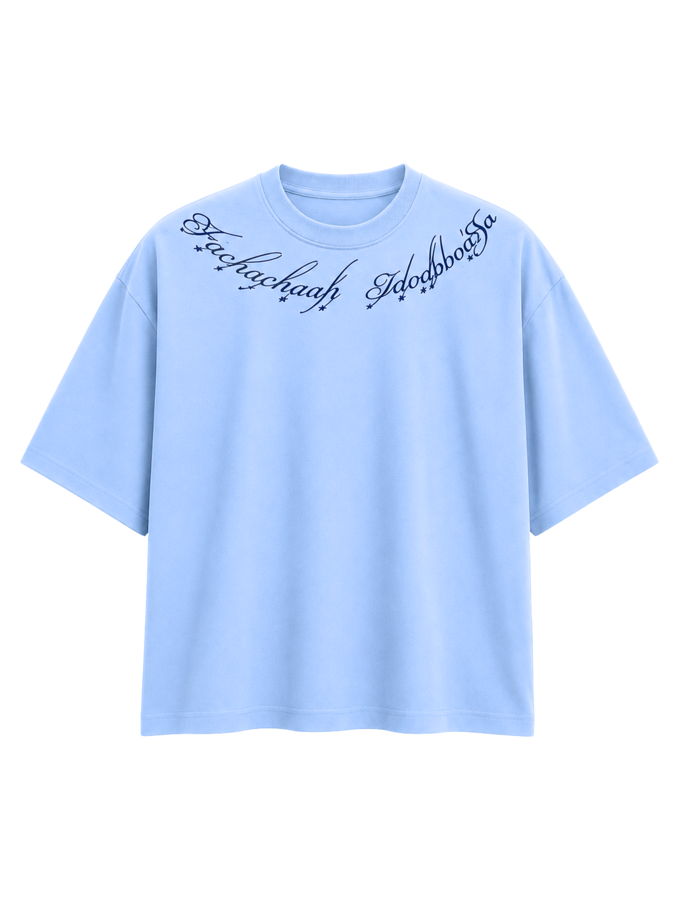 Winged Curse oversized sky blue cotton T-shirt by SYIN & SYRAH featuring gothic typography across the neckline and premium heavyweight streetwear construction.