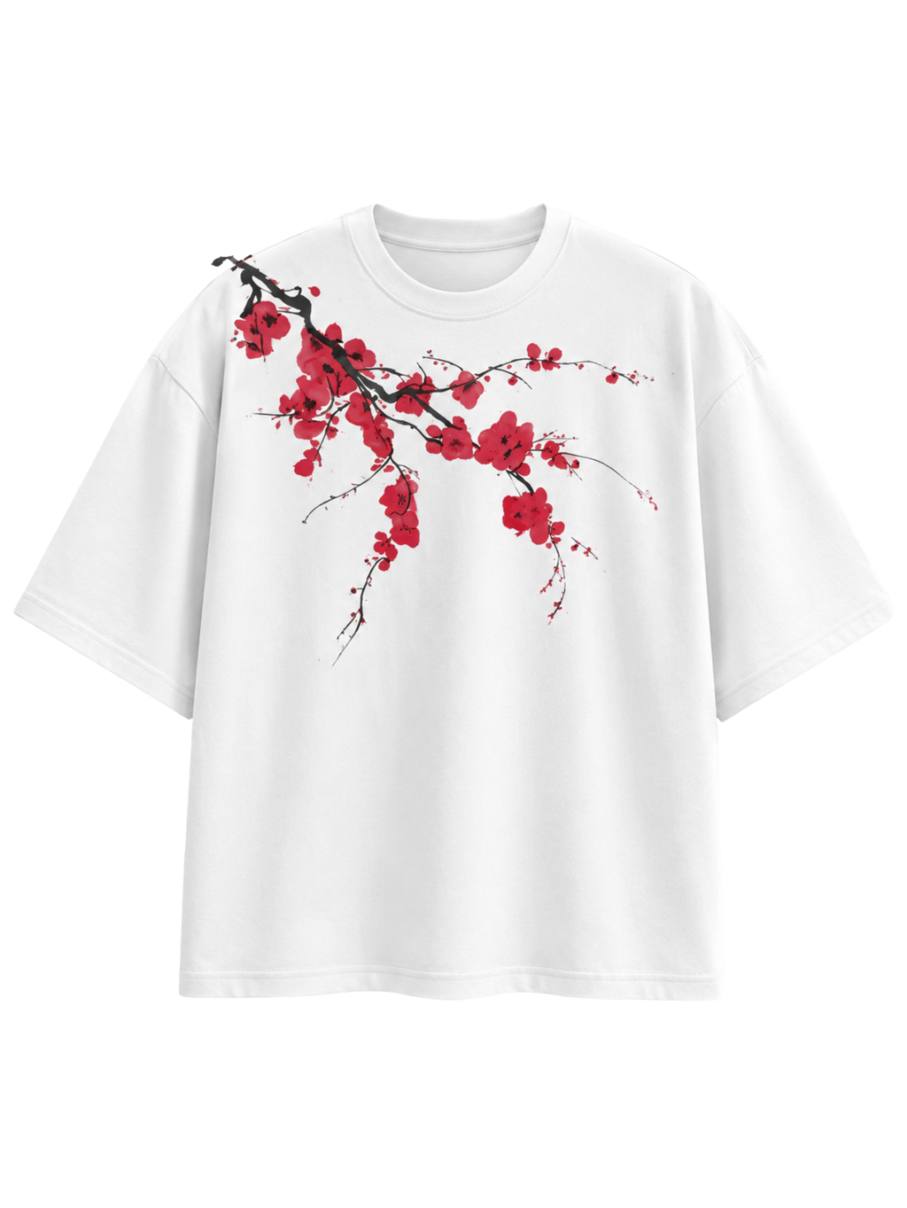 Beauty Dies Too oversized white t-shirt featuring red cherry blossom artwork by SYIN & SYRAH