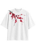 Beauty Dies Too oversized white t-shirt featuring red cherry blossom artwork by SYIN & SYRAH