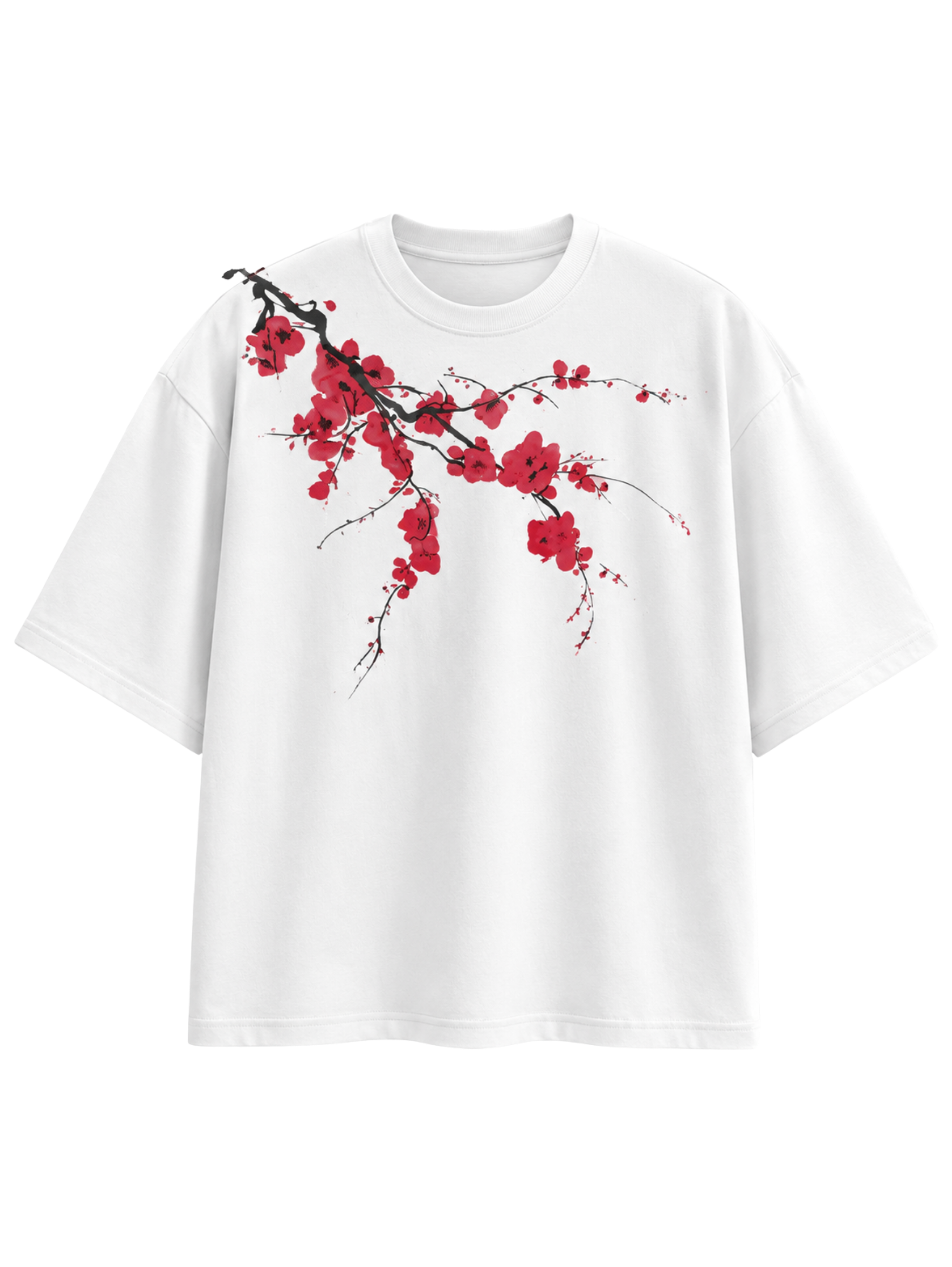 Beauty Dies Too oversized white t-shirt featuring red cherry blossom artwork by SYIN & SYRAH