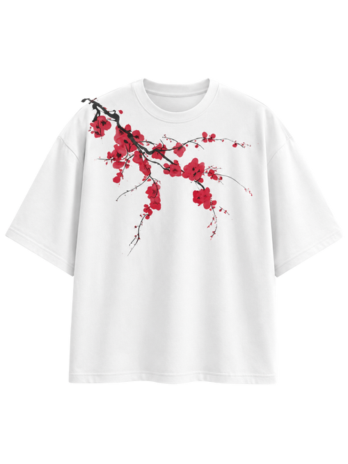 Beauty Dies Too oversized white t-shirt featuring red cherry blossom artwork by SYIN & SYRAH