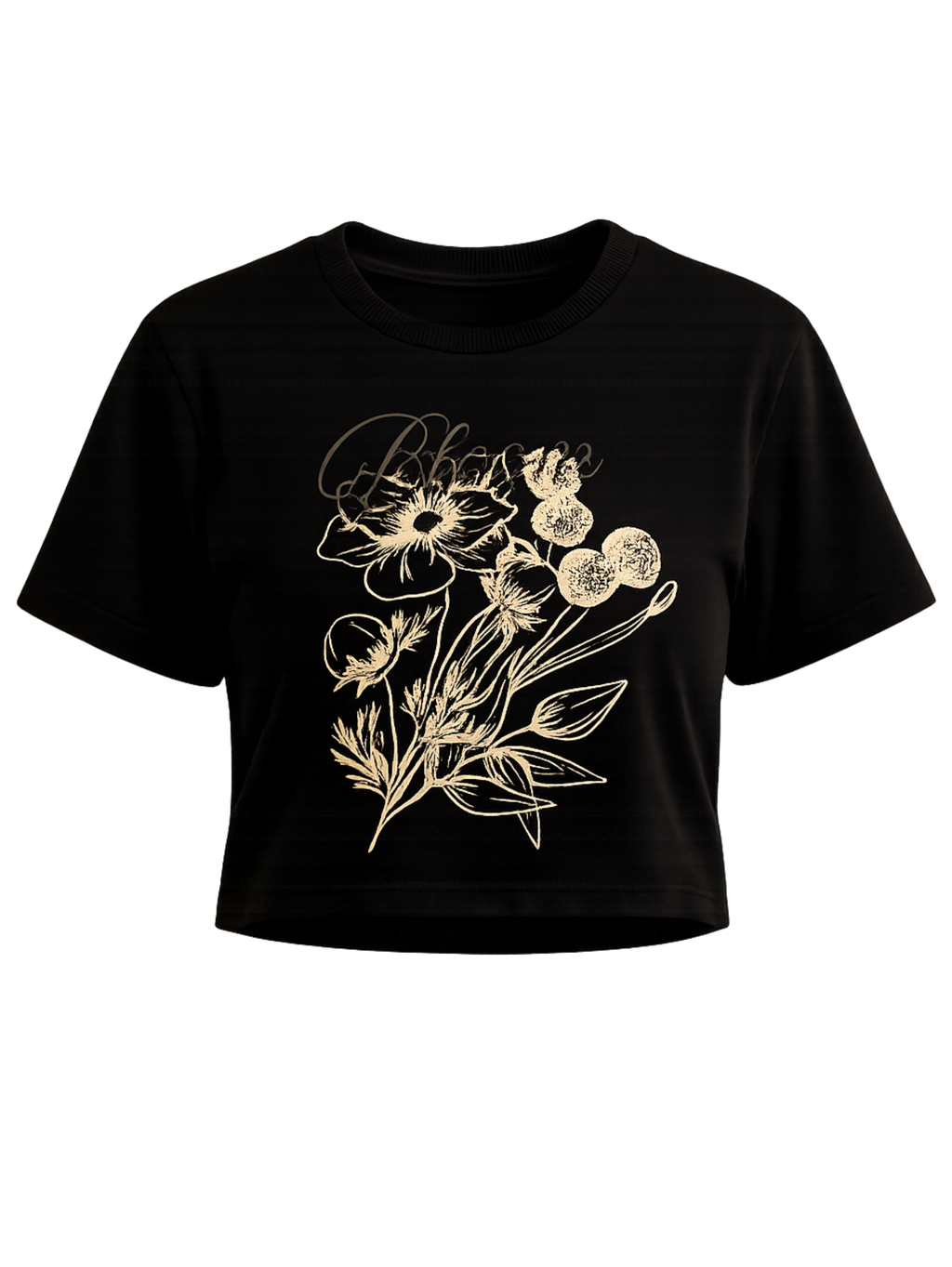 Noir Bloom premium black crop top featuring monochrome botanical artwork by SYIN & SYRAH
