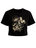 Noir Bloom premium black crop top featuring monochrome botanical artwork by SYIN & SYRAH
