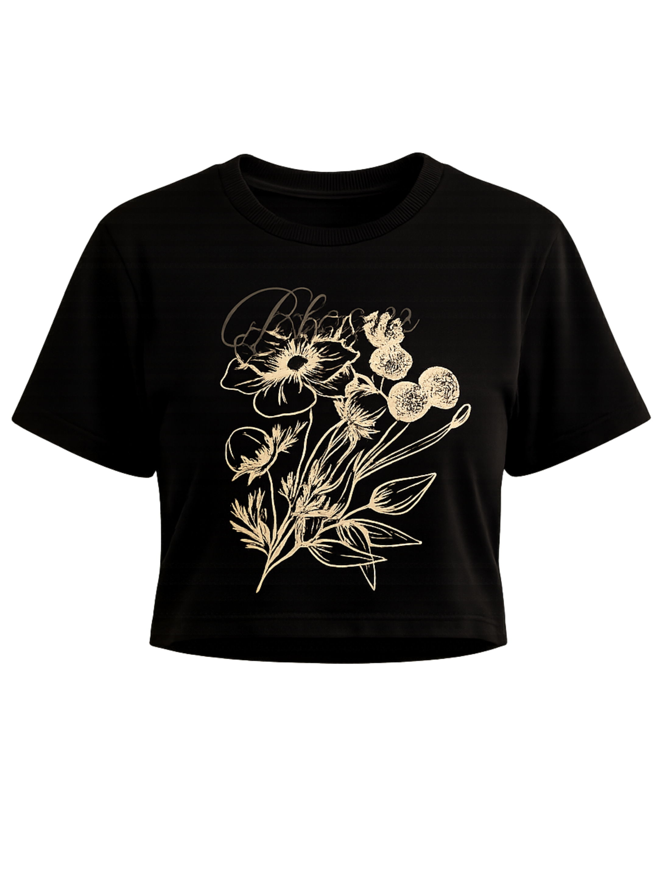 Noir Bloom premium black crop top featuring monochrome botanical artwork by SYIN & SYRAH
