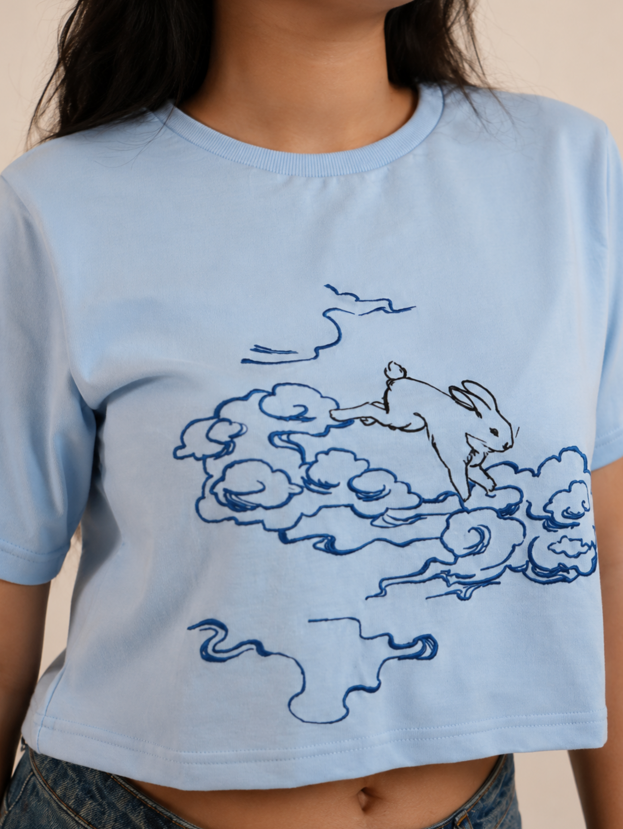 Close-up of Puffy Dreams rabbit and cloud artwork on premium sky blue crop top