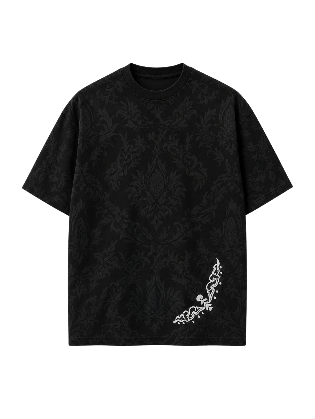 Shadow Moth oversized black heavyweight cotton graphic T-shirt by SYIN & SYRAH featuring an all-over tonal damask pattern with a minimalist white moth design in premium luxury streetwear.