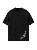 Shadow Moth oversized black heavyweight cotton graphic T-shirt by SYIN & SYRAH featuring an all-over tonal damask pattern with a minimalist white moth design in premium luxury streetwear.