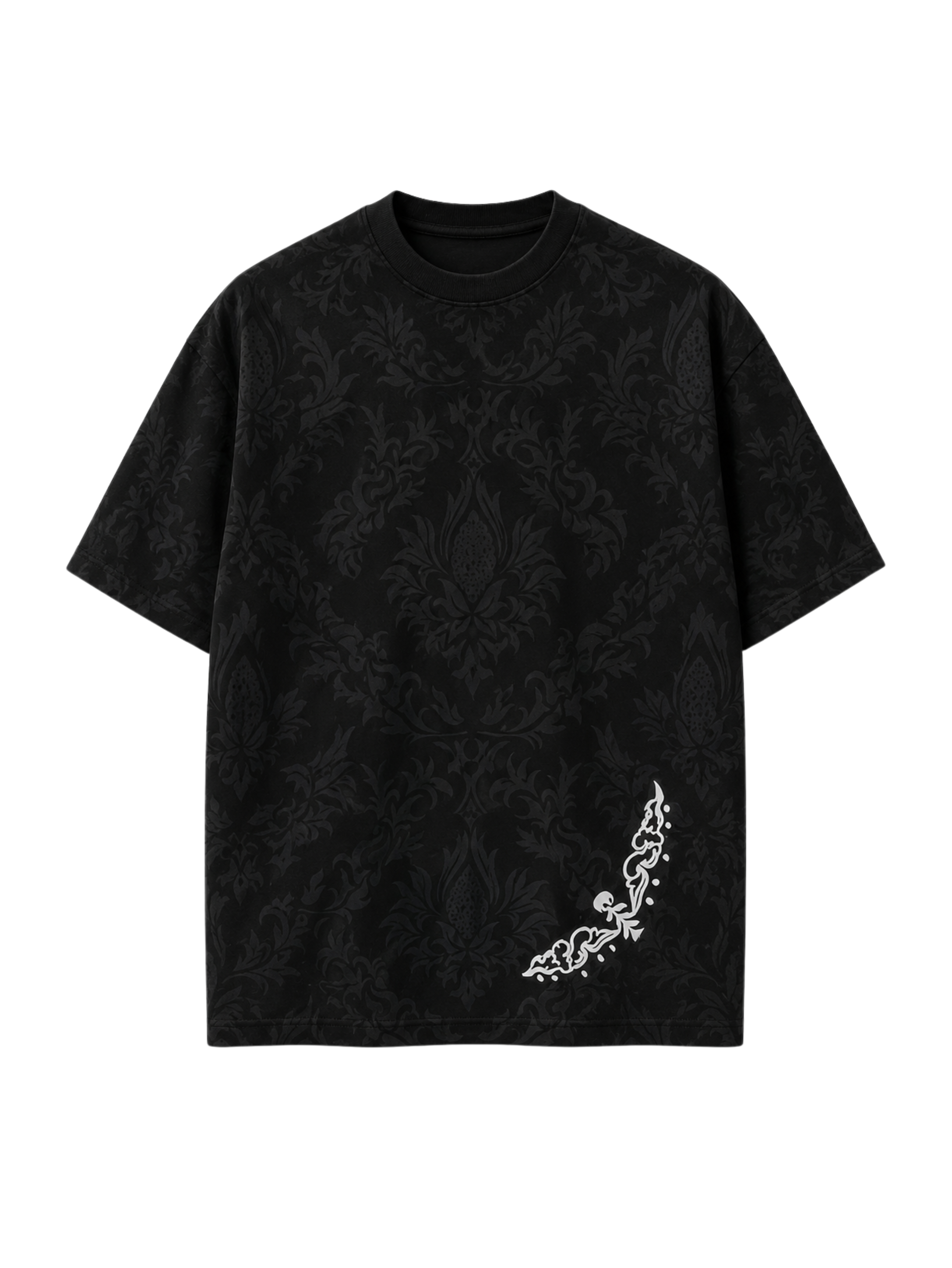 Shadow Moth oversized black heavyweight cotton graphic T-shirt by SYIN & SYRAH featuring an all-over tonal damask pattern with a minimalist white moth design in premium luxury streetwear.