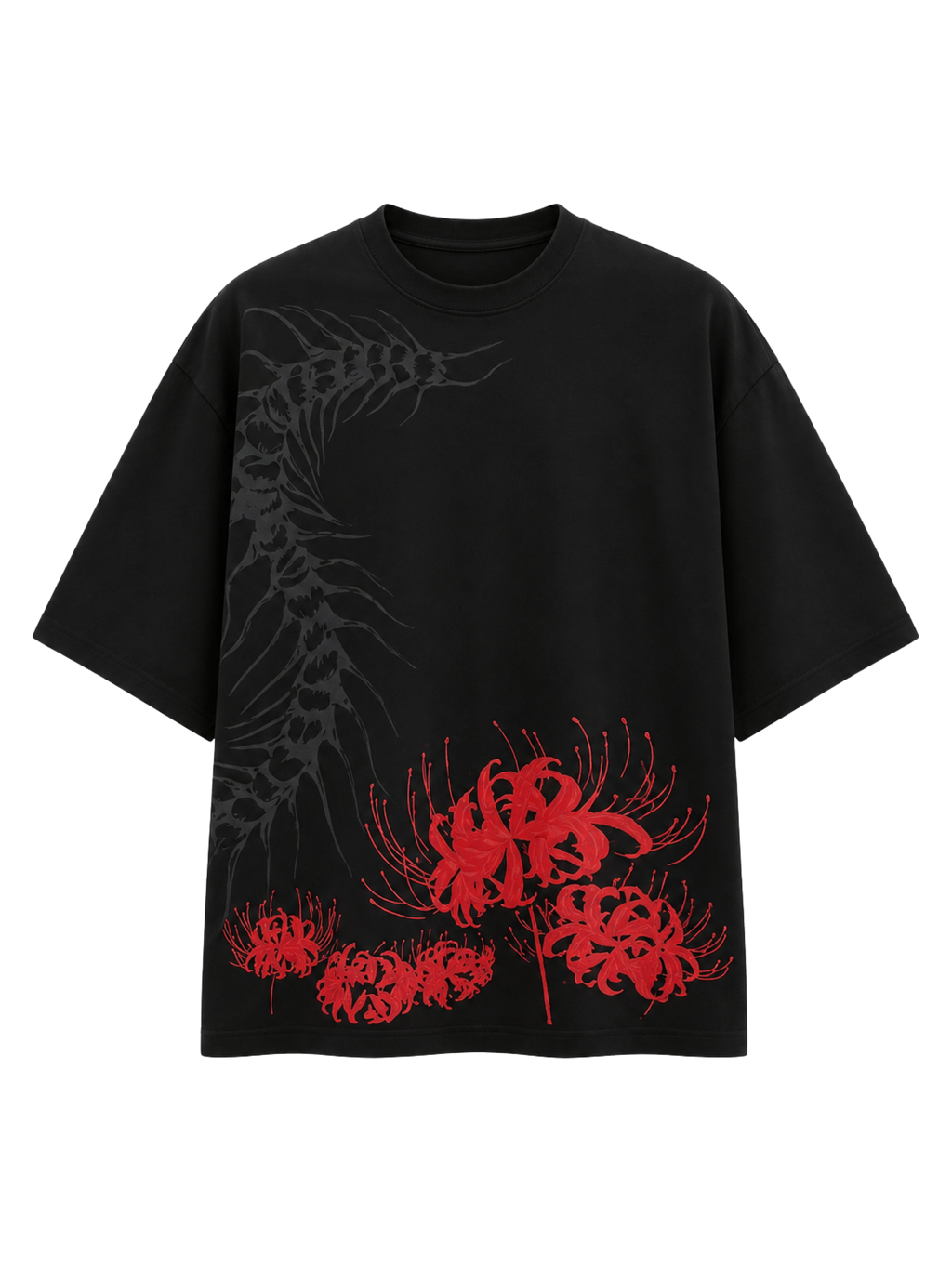 Silken Spine premium oversized black T-shirt by SYIN & SYRAH featuring an abstract spine graphic with vibrant red spider lily artwork on the front.