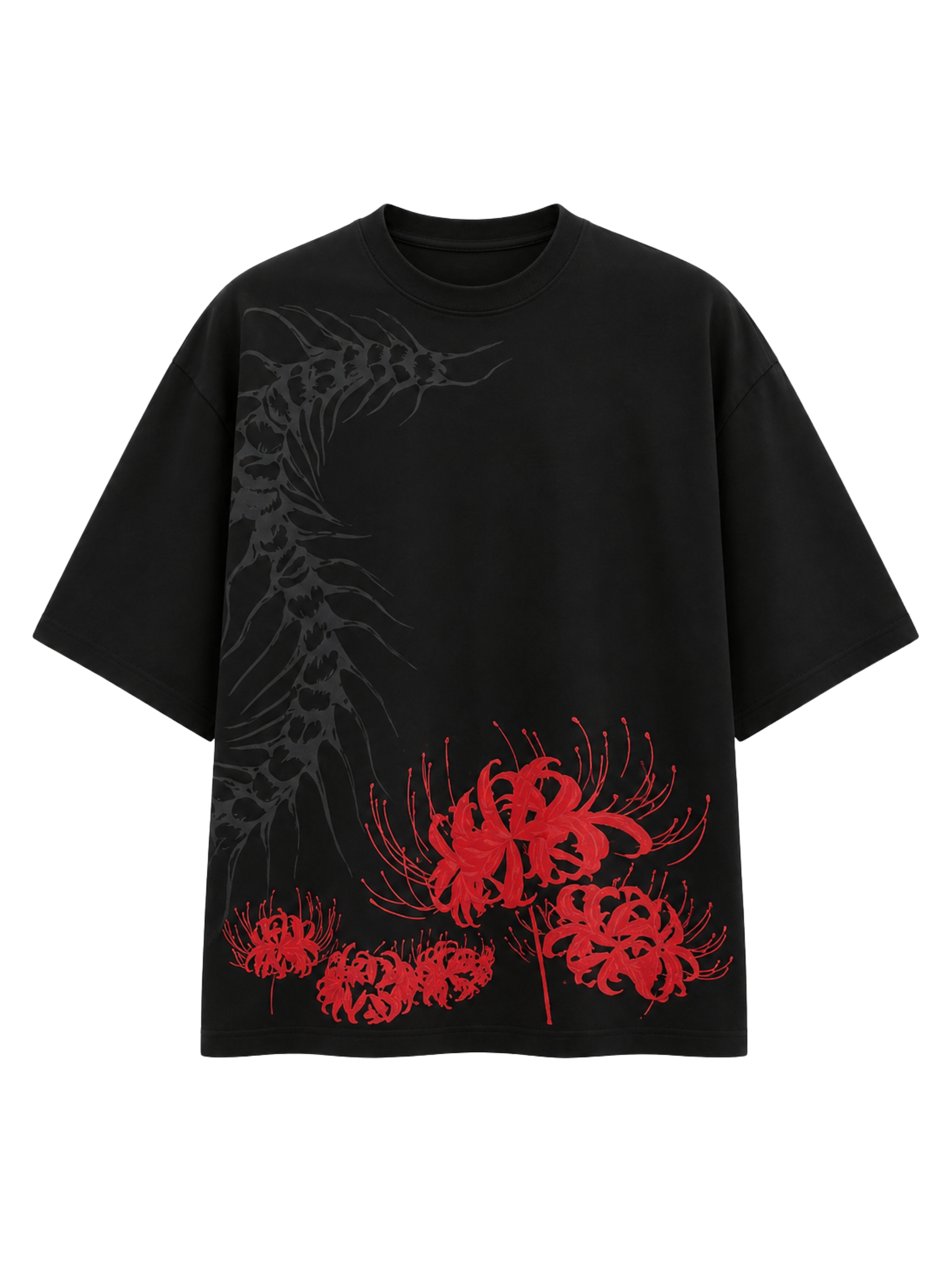 Silken Spine premium oversized black T-shirt by SYIN & SYRAH featuring an abstract spine graphic with vibrant red spider lily artwork on the front.