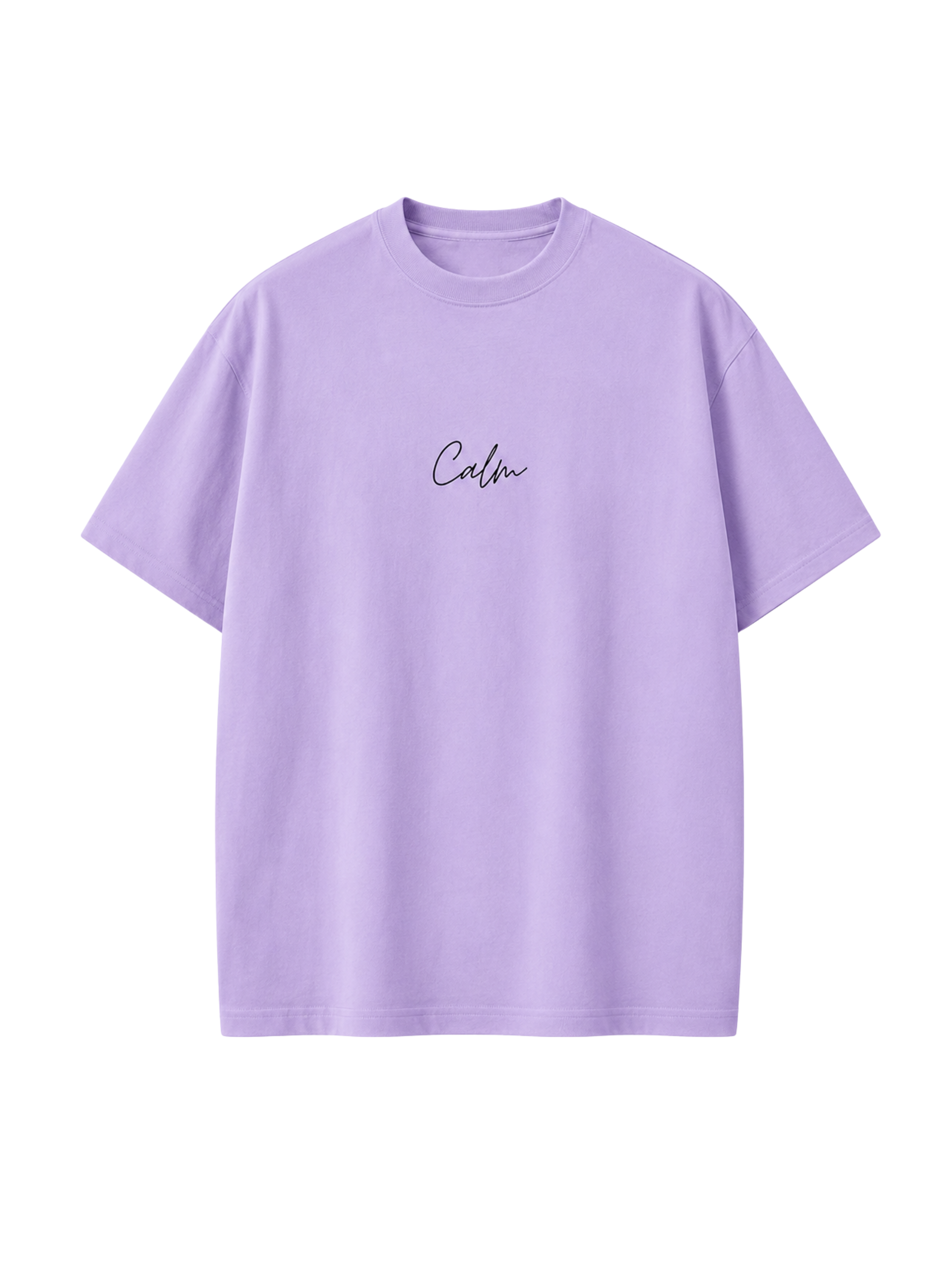 Still Bloom oversized lavender t-shirt featuring minimalist Calm typography on the front by SYIN & SYRAH