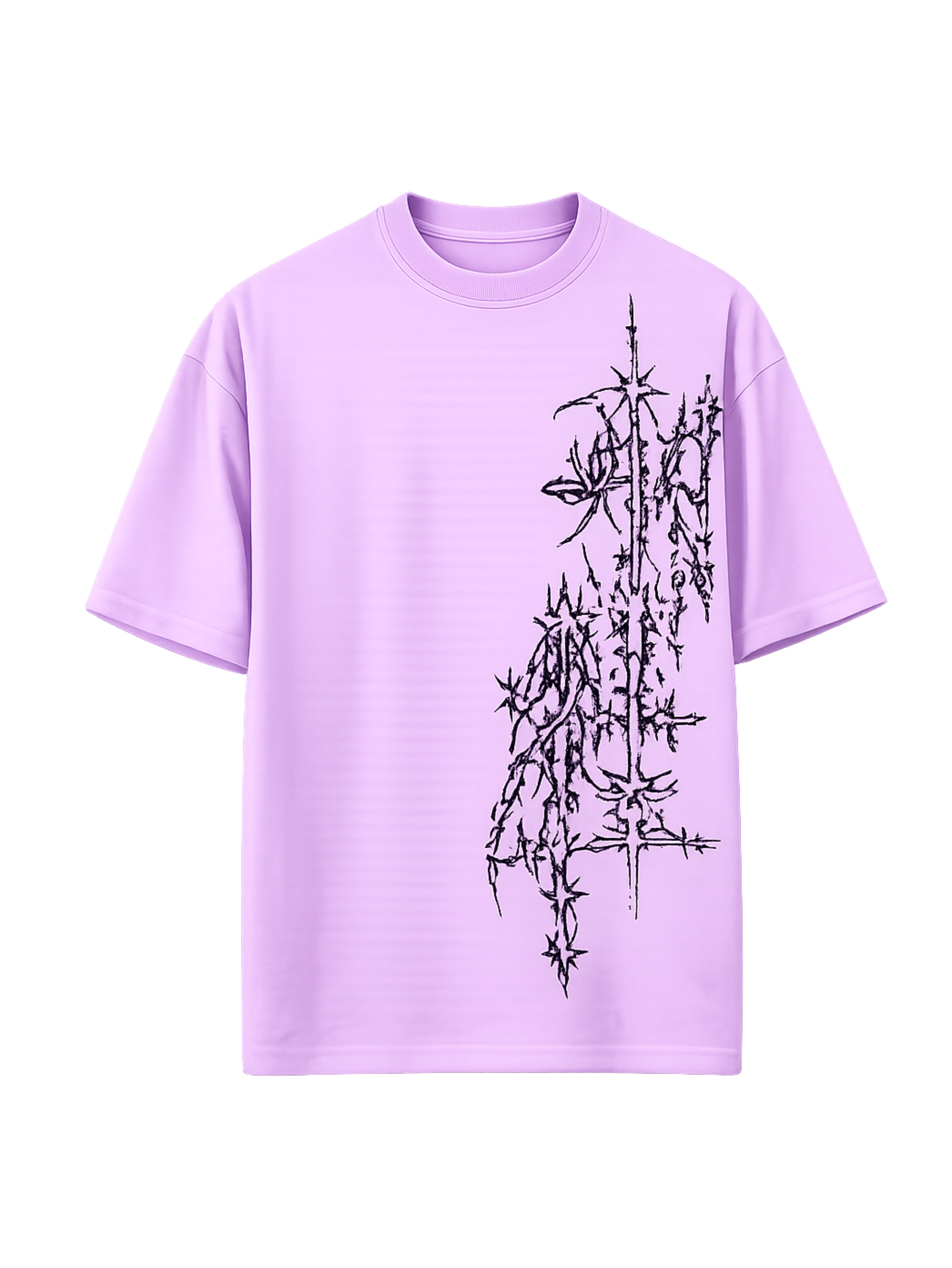 Thorned Oath oversized lavender t-shirt with gothic black front artwork by SYIN & SYRAH