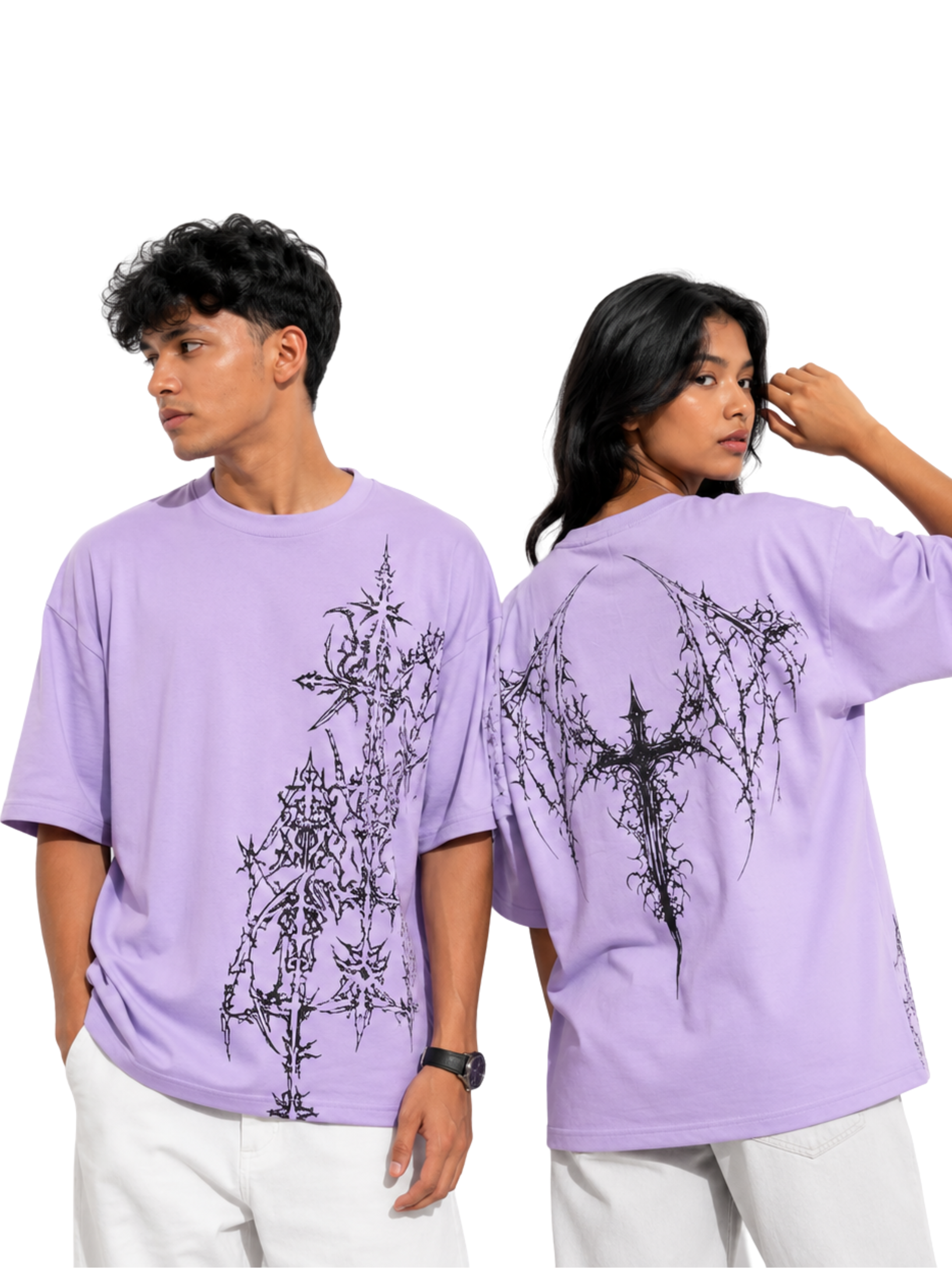 Male and female models wearing Thorned Oath oversized lavender streetwear t-shirt