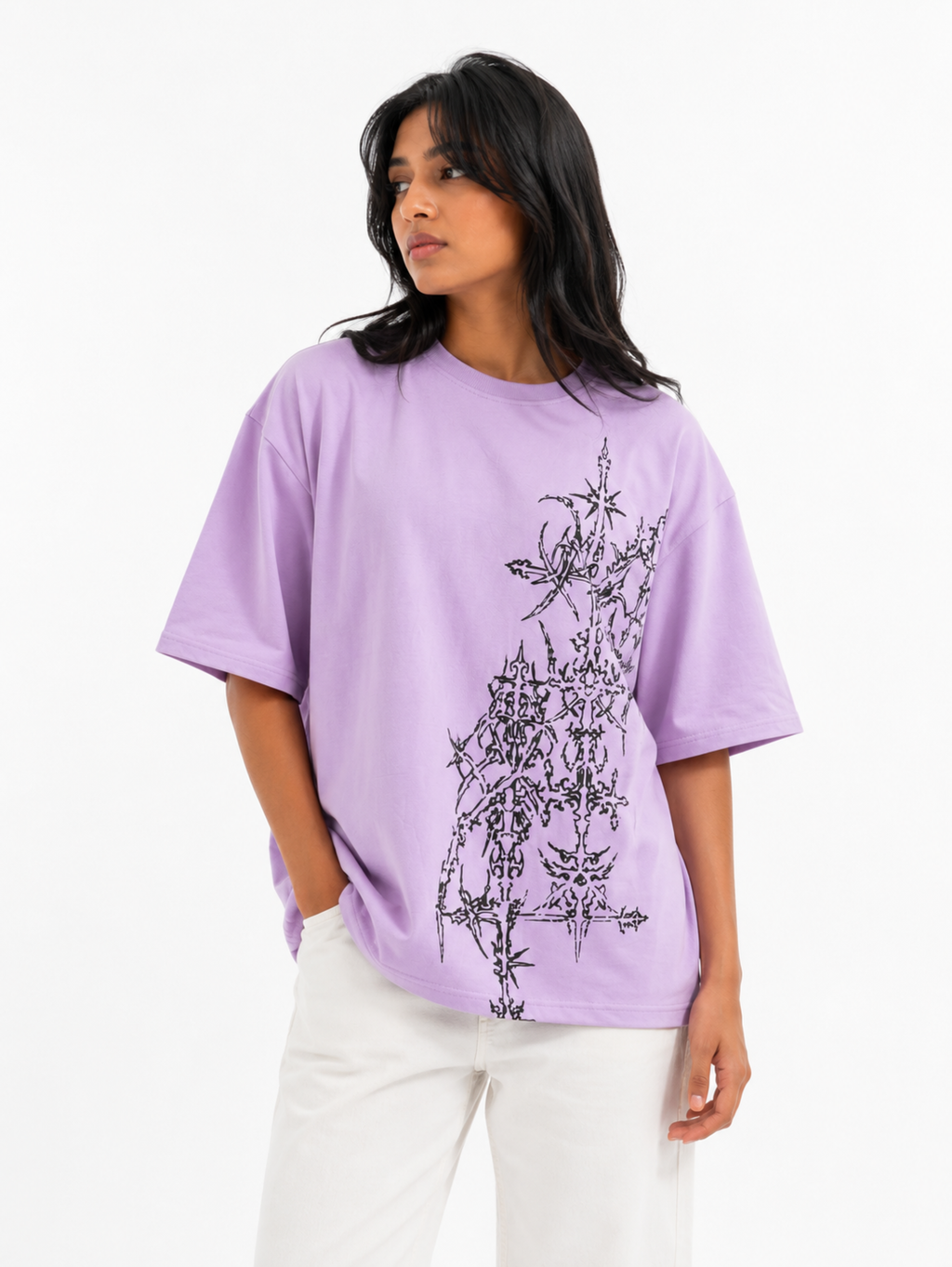Female model wearing Thorned Oath oversized lavender oversized t-shirt
