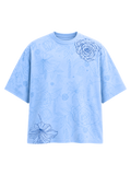 Vita in Blu premium oversized sky blue cotton T-shirt by SYIN & SYRAH featuring an all-over botanical floral print with blue rose artwork and heavyweight streetwear construction