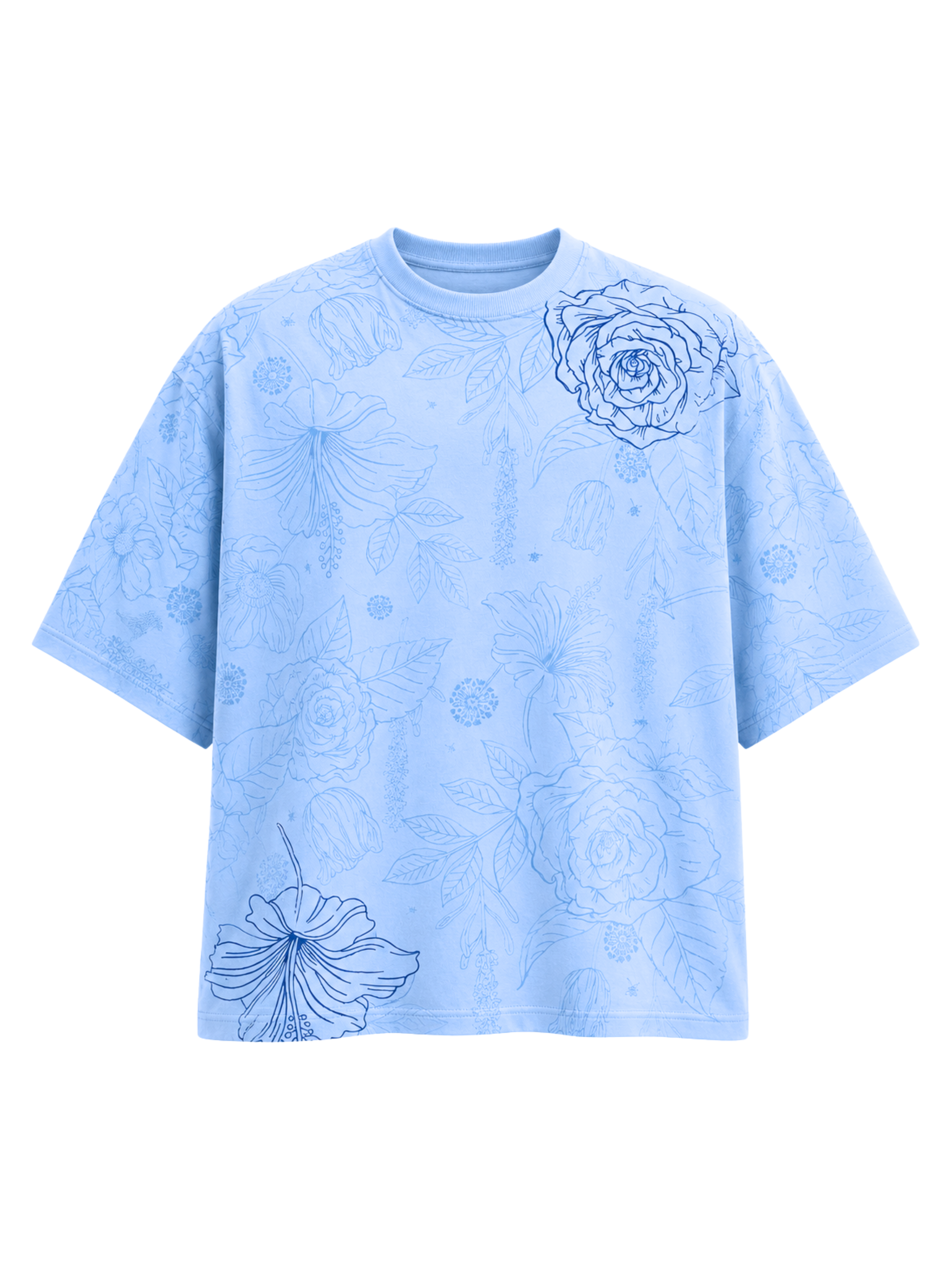 Vita in Blu premium oversized sky blue cotton T-shirt by SYIN & SYRAH featuring an all-over botanical floral print with blue rose artwork and heavyweight streetwear construction