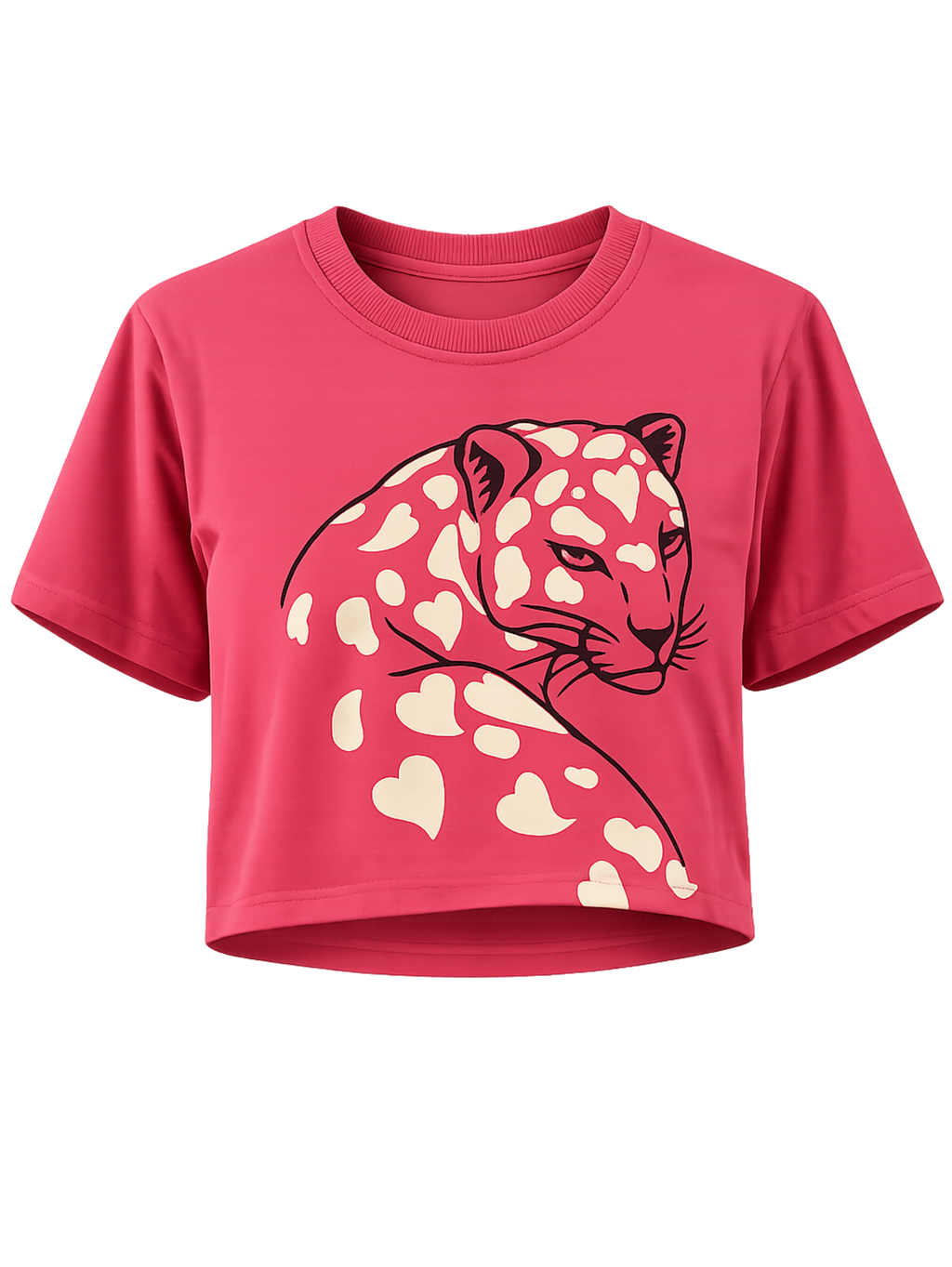 Wild Romance premium rose pink crop top featuring heart-pattern leopard graphic by SYIN & SYRAH