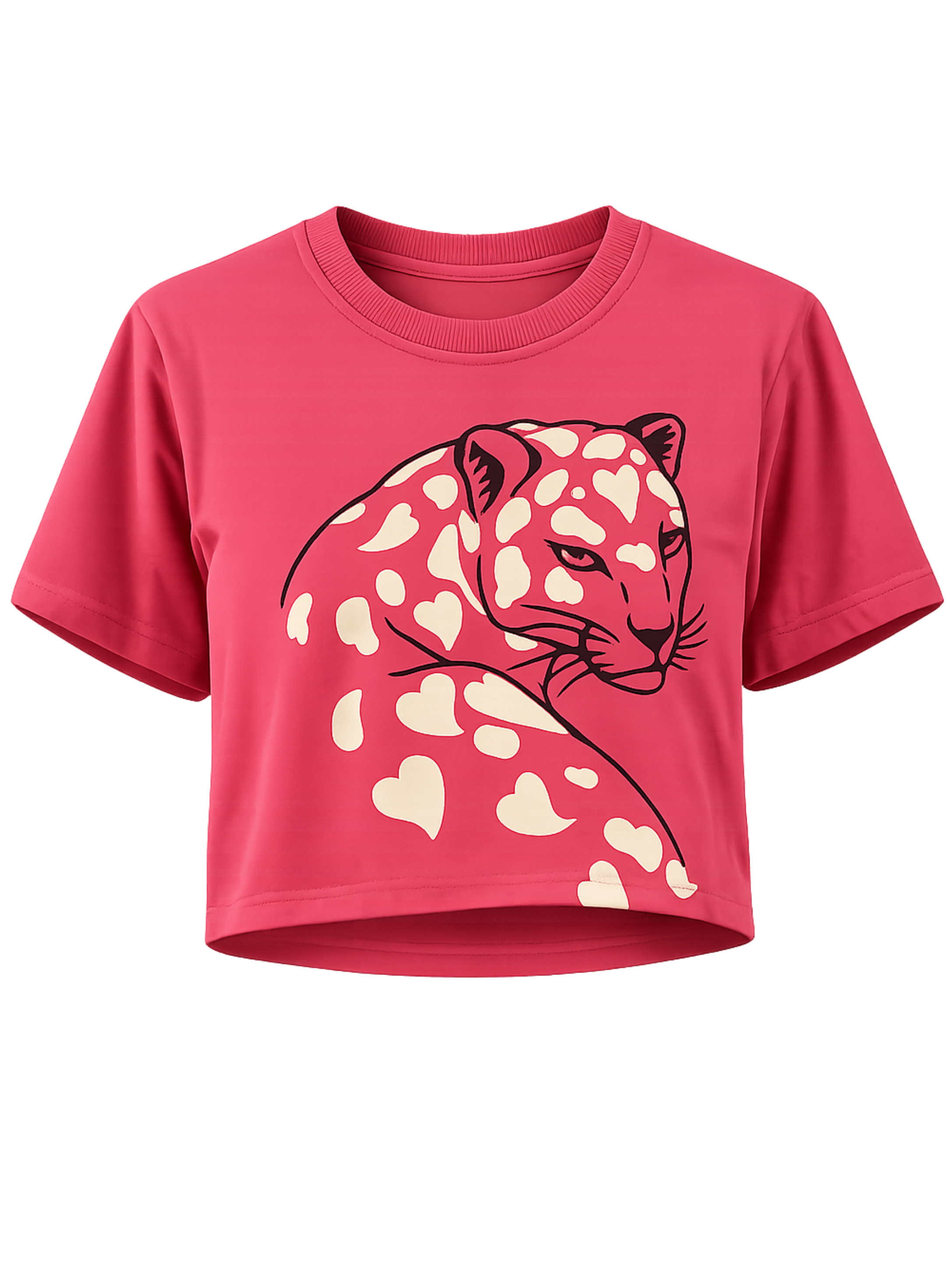 Wild Romance premium rose pink crop top featuring heart-pattern leopard graphic by SYIN & SYRAH